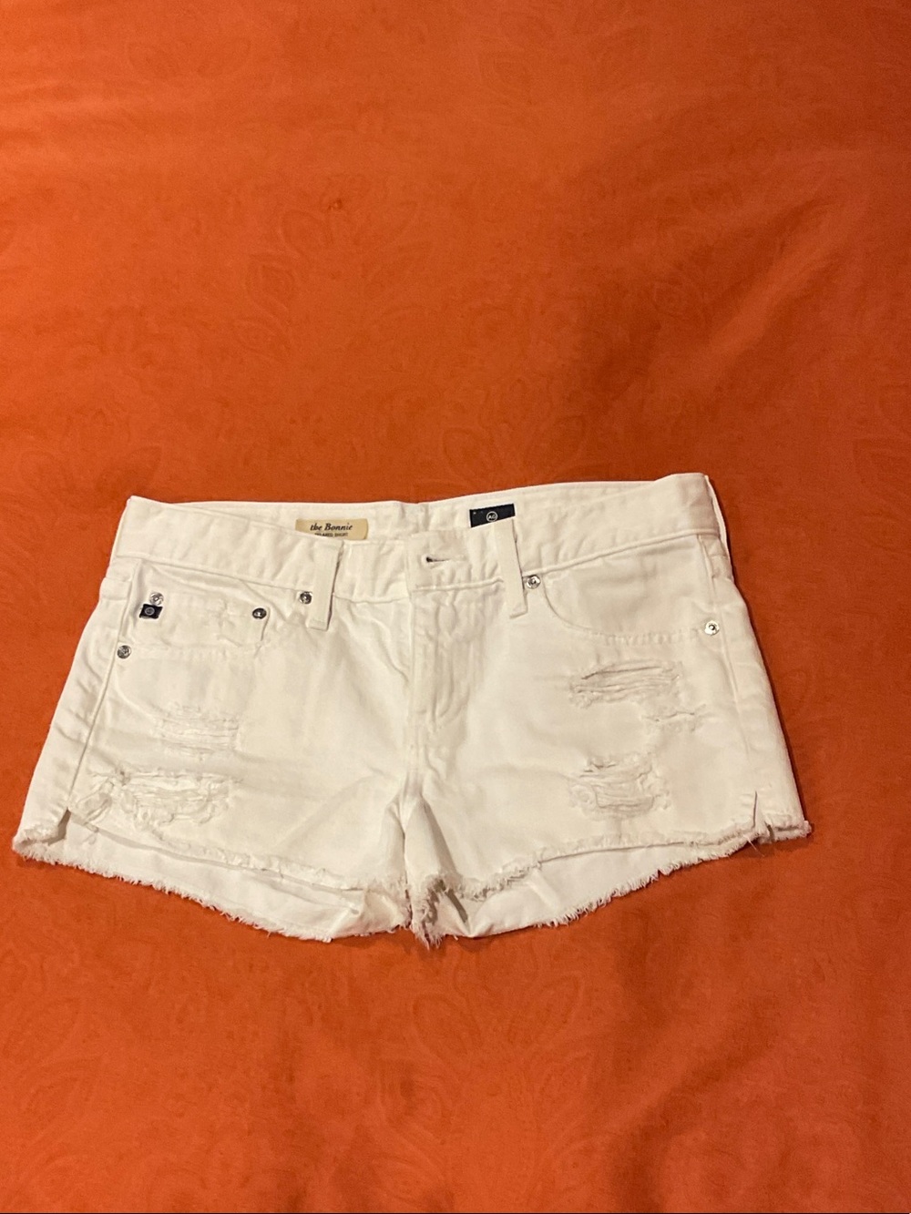 Ag Adriano Goldschmied White Distressed Denim Cutoff Shorts with Frayed Hem